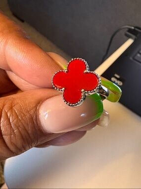 Fashion Red Clover-Enamel Silver Ring - Women Jewelry